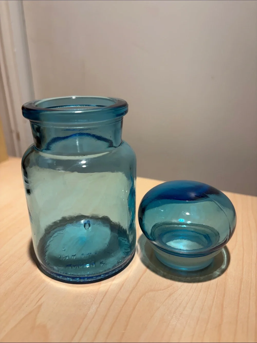 Blue Made in Belgium Glass Apothecary Jar with Bubble Top 5 in tall & 3 in wid